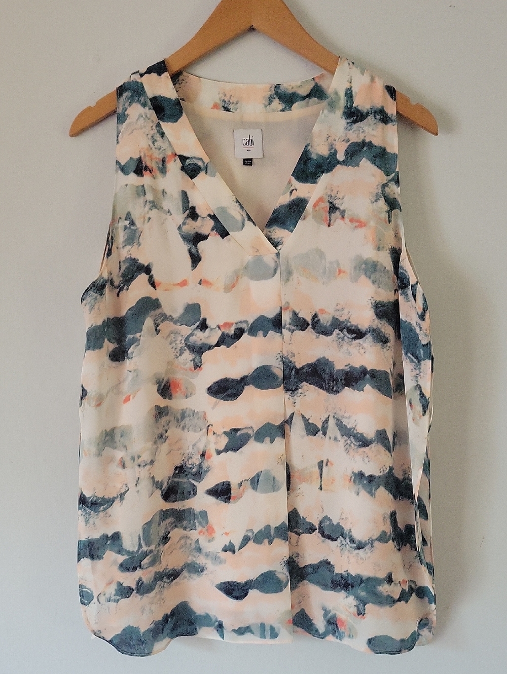 CAbi Sleeveless V-Neck Camisole in Cream, Blue and Peach